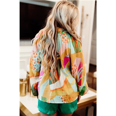 Yellow Printed Abstract Print Balloon Sleeve Notched Neck Blouse