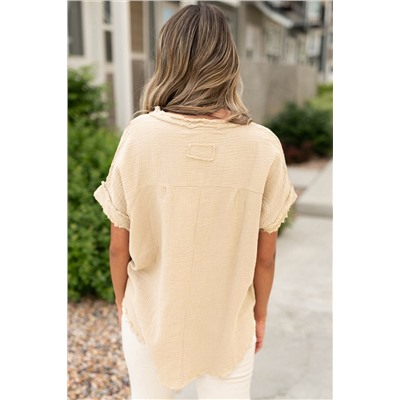 Parchment Crinkle Textured Frayed Trim Half Button Short Sleeve Top