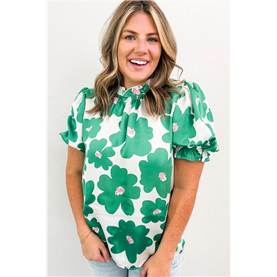 Green Floral Puff Sleeve Frill Neckline Blouse