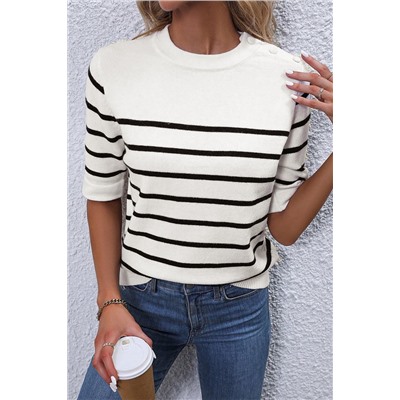 White Stripe Striped Half Sleeve Knitted Tee