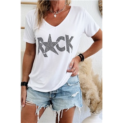 White Rhinestoned ROCK Star Graphic V Neck T Shirt