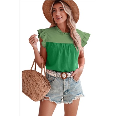 Bright Green Two Tone Ruffled Flutter Sleeve Blouse