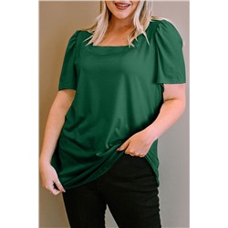 Green Plus Size Square Neck Ruched Shoulder Short Sleeve Top