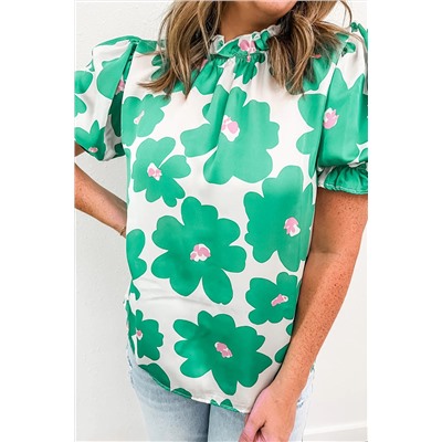 Green Floral Puff Sleeve Frill Neckline Blouse