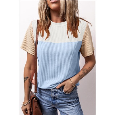 Light Blue Rib Textured Colorblock T Shirt