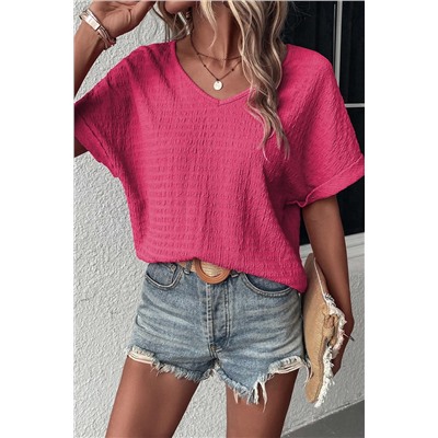 Bright Pink Textured Rolled Sleeve V Neck Tee