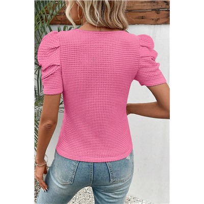 Bright Pink Waffle Knit Ruched Puff Sleeve Top