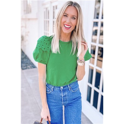 Bright Green Anglaise Embroidered Puff Short Sleeve Top