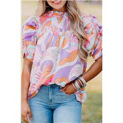 Pink Abstract Print Bubble Sleeve Smock Detail Blouse