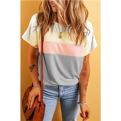 Gray Ribbed Color Block Patchwork T-shirt