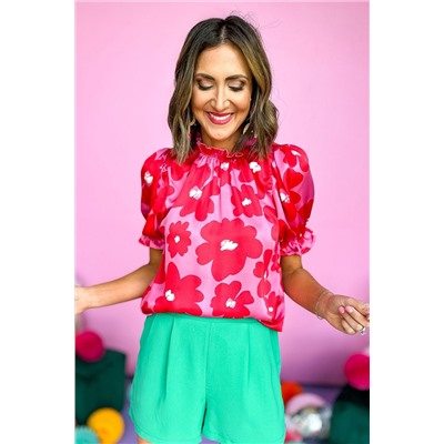 Rose Floral Puff Sleeve Frill Neckline Blouse