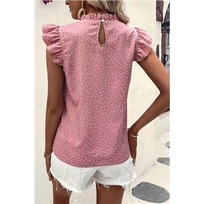 Pink Polka Dots Ruffle Flutter Sleeve Frilled Neck Blouse