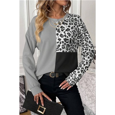 Light Grey Leopard Colorblock Waffle Knit Top