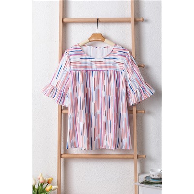 White Multicolor Striped Splash Half Sleeve Blouse