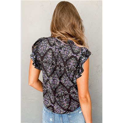 Vintage Floral Ruffle Sleeve V Neck Blouse