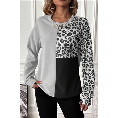 Light Grey Leopard Colorblock Waffle Knit Top