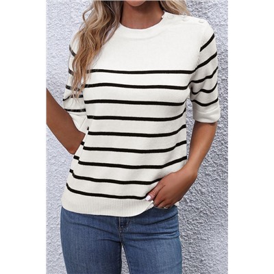 White Stripe Striped Half Sleeve Knitted Tee