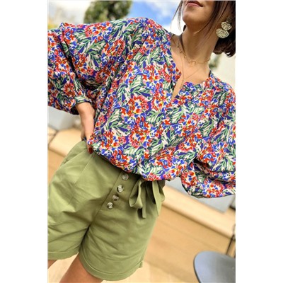 Multicolor Floral Balloon Sleeve Loose Blouse