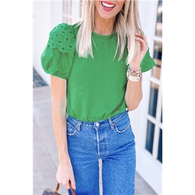 Bright Green Anglaise Embroidered Puff Short Sleeve Top