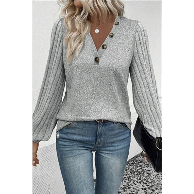 Light Grey Buttoned V Neck Ribbed Puff Sleeve Top