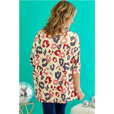 White Colorful Leopard Print Batwing Sleeve Plus Blouse