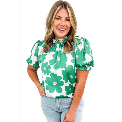 Green Floral Puff Sleeve Frill Neckline Blouse