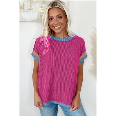 Bright Pink Textured Contrast Trim Round Neck T Shirt