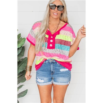 Rose Stripe Plus Size Textured Knit Short Sleeve Henley Top