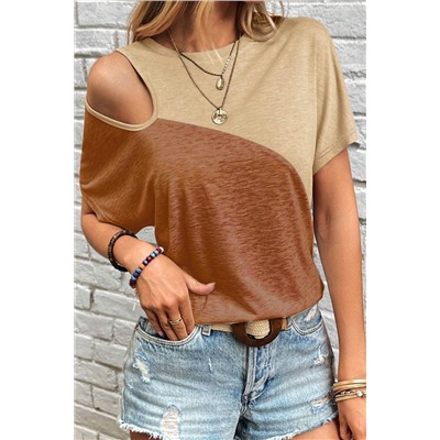 Brown Asymmetric Cut out Colorblock T Shirt