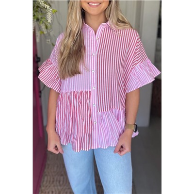 Pink Stripe Striped Patchwork Ruffled Hem Button up Shirt