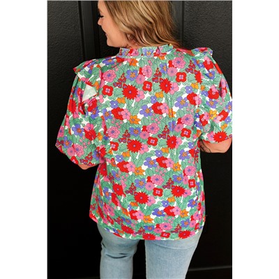 Multicolour Plus Size Floral Print Ruffle V Neck Bubble Sleeve Blouse