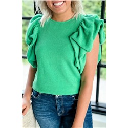 Green Ribbed Knit Puffy Ruffle Sleeve Blouse