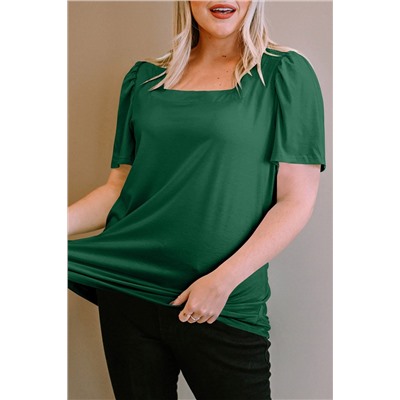 Green Plus Size Square Neck Ruched Shoulder Short Sleeve Top