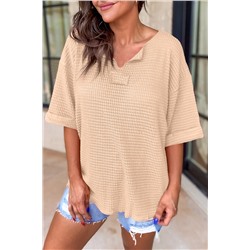 Parchment Textured Knit Split Neck Cuffed Short Sleeve Top