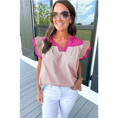 Pink Colorblock Ruffled Sleeve Frill V Neck Blouse