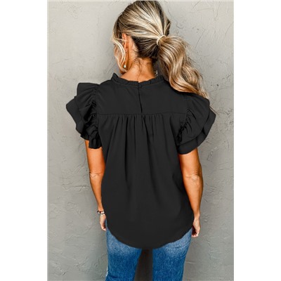 Black Smocked Ruffle Sleeve Blouse