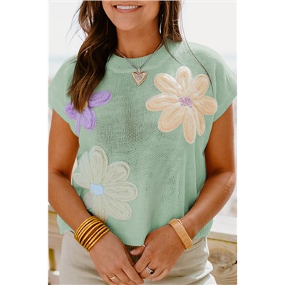 Moonlight Jade Multi Crochet Flower Knit Short Sleeve Sweater Top