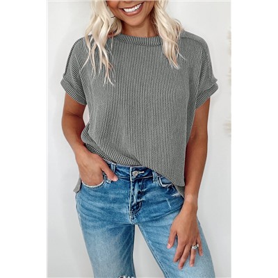 Medium Grey Textured Knit Exposed Stitching T-shirt