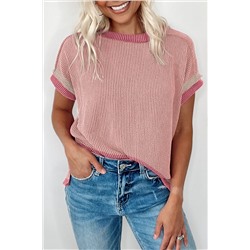 Light Pink Textured Contrast Trim Round Neck T Shirt