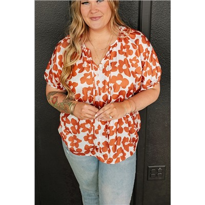 Orange Plus Size Floral Print Drawstring V Neck Short Sleeve Blouse