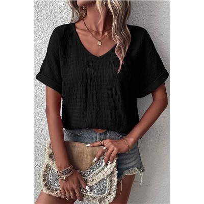 Black Textured Rolled Short Sleeve V Neck Tee