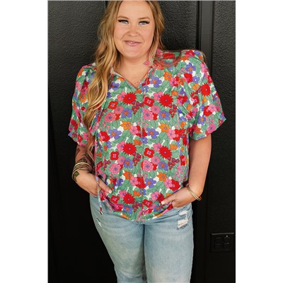 Multicolour Plus Size Floral Print Ruffle V Neck Bubble Sleeve Blouse