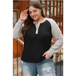 Black Color Contrast Waffle Knit Buttoned Plus Size Top