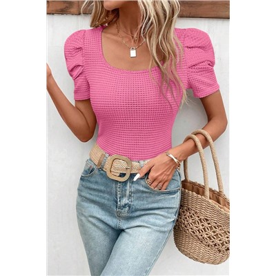 Bright Pink Waffle Knit Ruched Puff Sleeve Top