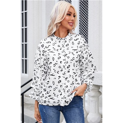 White Leopard Print Button up Ruffled Sleeve Shirt