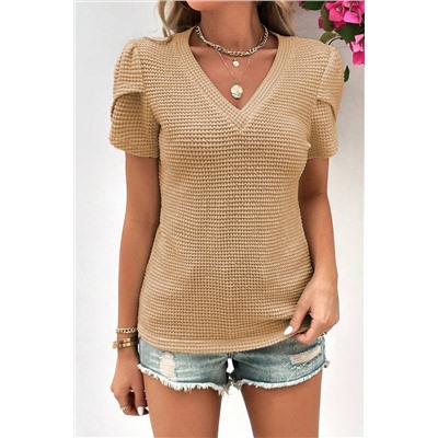 Camel V Neck Petal Sleeve Waffle Knit T-Shirt