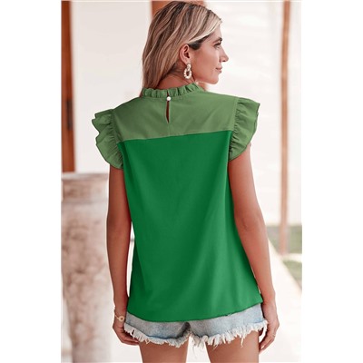 Bright Green Two Tone Ruffled Flutter Sleeve Blouse