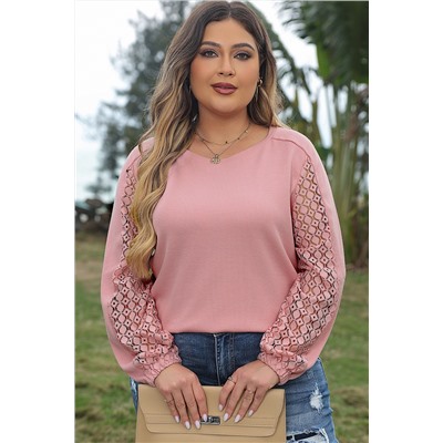 Apricot Pink Plus Size Contrast Lace Sleeve Textured Knit Top