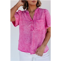 Bright Pink Mineral Wash Split Neck Pocket Patched Denim Top