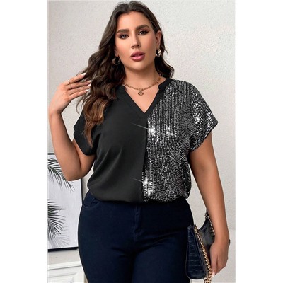 Black Plus Size Sequined Patchwork V Neck Tee